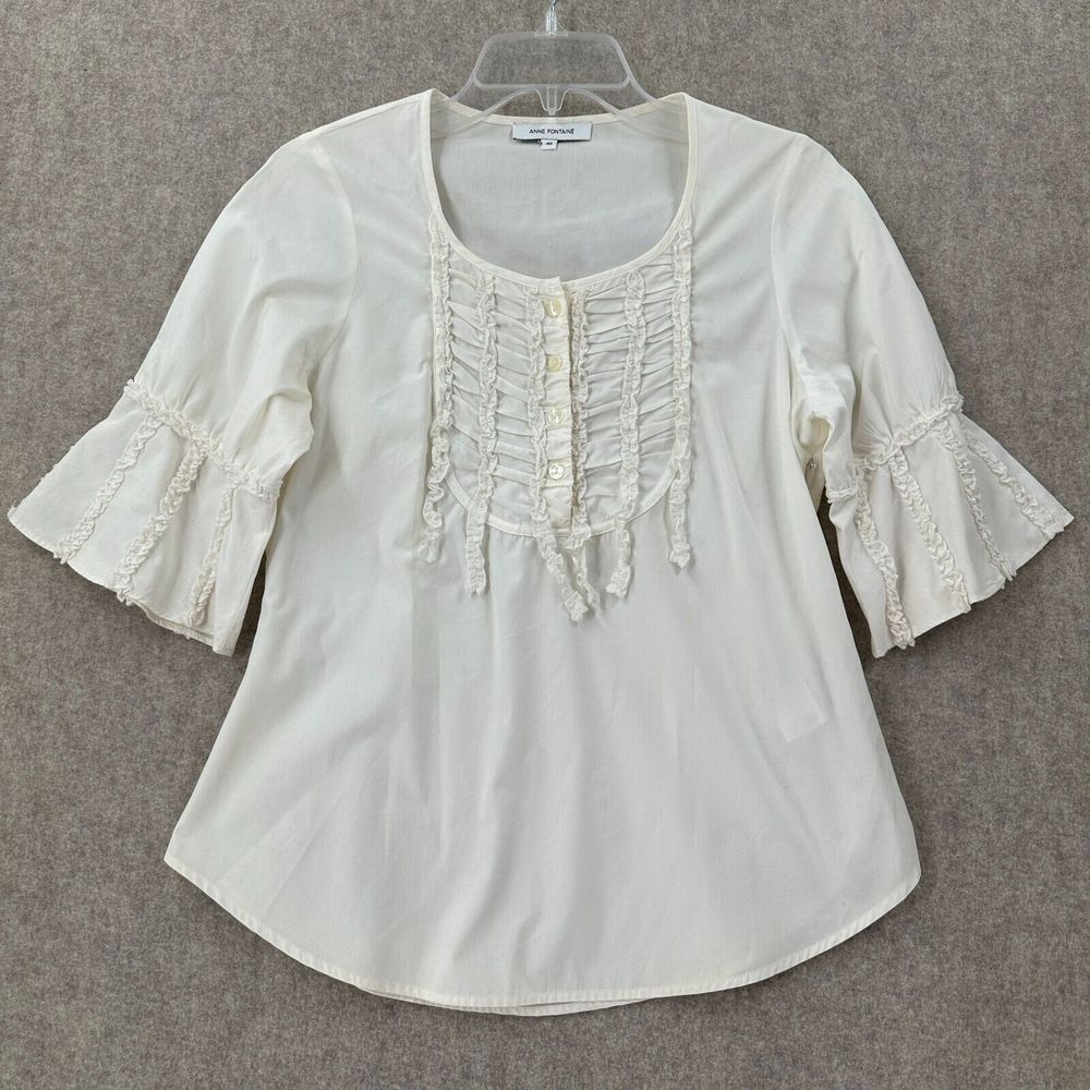 Anne Fontaine Ivory Ruffle Button Up Blouse SZ 40 (US6) Pima‎ Cotton Bell Sleeve